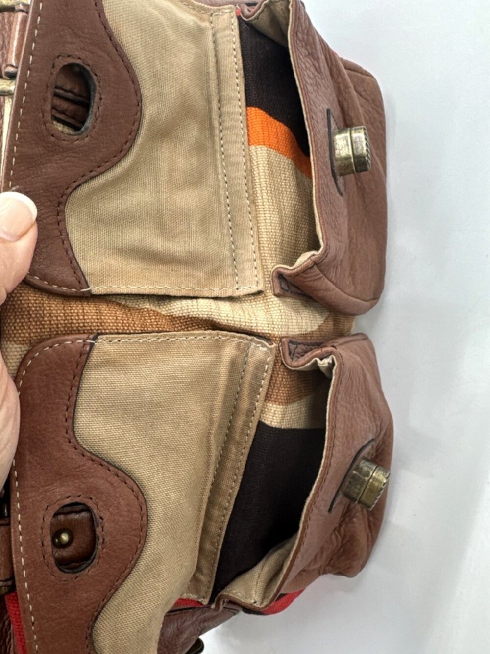 Cole Haan Striped Handbag Brown Leather Canvas Shoulder Aztec Double Handle Boho - Picture 5 of 12
